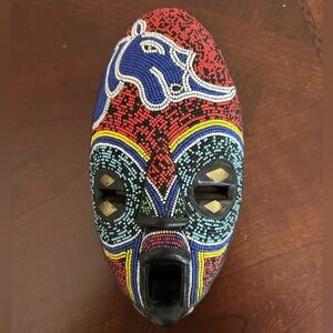 Vintage African Beaded Wooden Mask Ghana Hand Carved Tribal Art Wall Decor